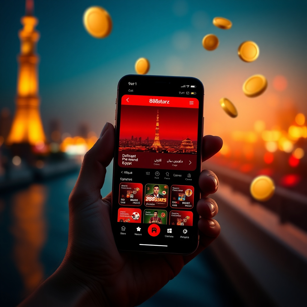 A hand holding a luxury smartphone displaying the official 888starz Egypt app with a sleek red and black interface in Arabic, background is the Cairo Tower and the Nile River at night with vibrant golden and red bokeh lights, 3D golden coins and a soccer 